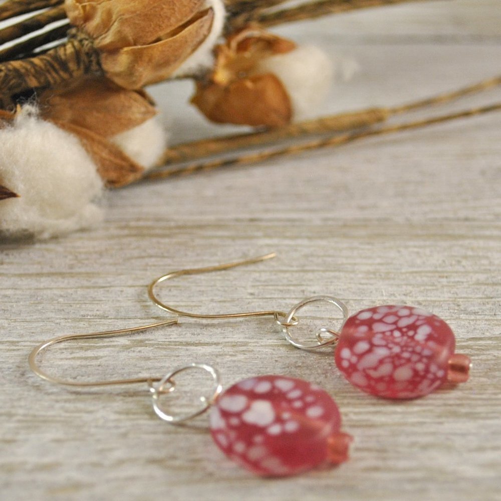 Murano Glass Abstract Pink & White Polka Dot Handmade Earrings with Silver